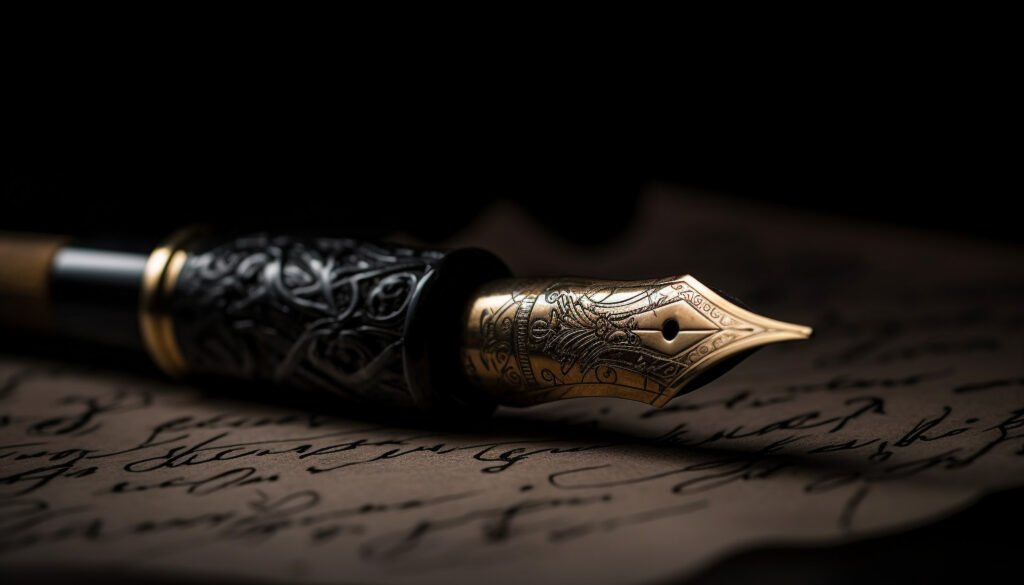 antique quill pen writes history on parchment manuscript page generated by ai